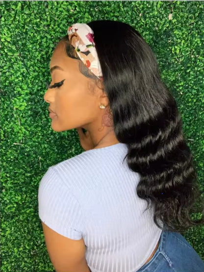 Natural black human hair body wave headband wig for black women