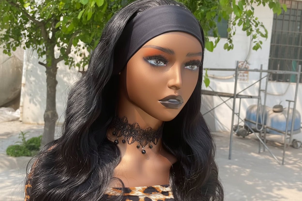 Natural black human hair body wave headband wig for black women